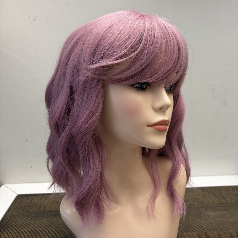 Women Full Cap Wig Wavy Purple Lavender Shoulder Length with Bangs